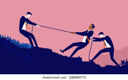 Unfair Business Competition - Two Men Against One Pulling Rope In Tug Of War. Vector Illustration