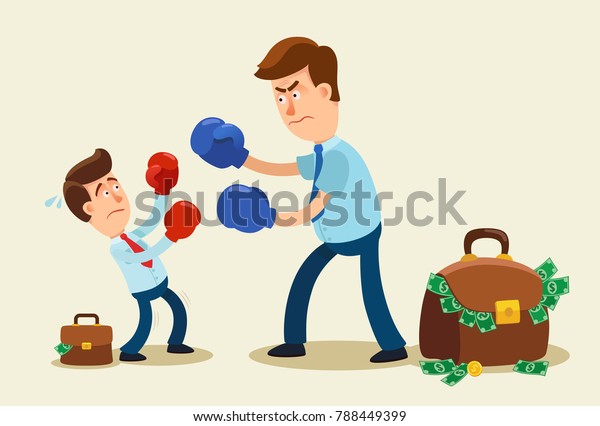 Unfair competition. Businessman in boxing\
gloves is fighting bigger businessman. Business competition\
concept. Vector cartoon illustration.\
