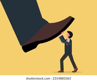 Unfair competition, Conflict or employee fight concept. Small businessmen trying to push back giant boss or competitor big feet.