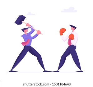 Unfair Fight, Businessman Holding Hammer Fighting with Man in Boxing Gloves. Manager Characters Mortal Combat. Business People Competition, Challenge or Leadership. Cartoon Flat Vector Illustration