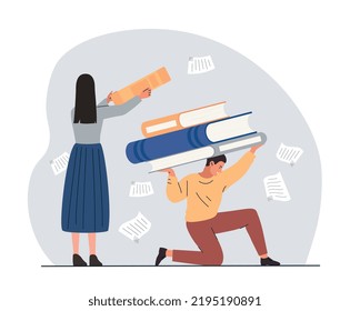 Unfair Load Distribution. Woman Loading Man With Stack Of Books. Inequality And Non Observance Of Rights, Incorrect Duties And Responsibilities. Overloaded Character. Cartoon Flat Vector