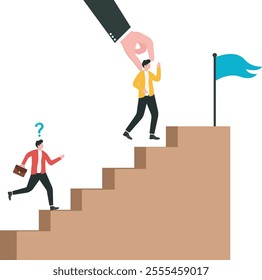 Unfair treatment at work, double standards, cheating on job positions by using connection, nepotism or discrimination concept, Manager hand helping employee overtake colleagues to top of stair.

