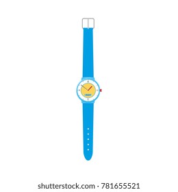 Unfastened mechanical wristwatch, wrist watch with blue plastic wristband, flat vector illustration isolated on white background. Modern mechanical analog wristwatch wrist watch with plastic wristband