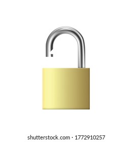 Unfastened padlock in square shape - realistic mockup vector illustration isolated on white background. Retro lock as symbol of data secure and privacy for applications.