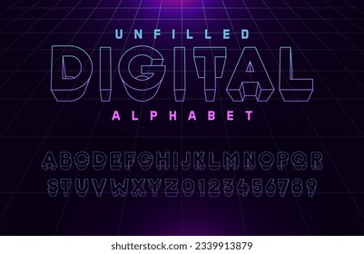 Unfilled Digital alphabet with retro neon grid. Vector design 3d text elements based on retrowave, synthwave, videogame graphic styles. Font based on 80s, 90s and y2k