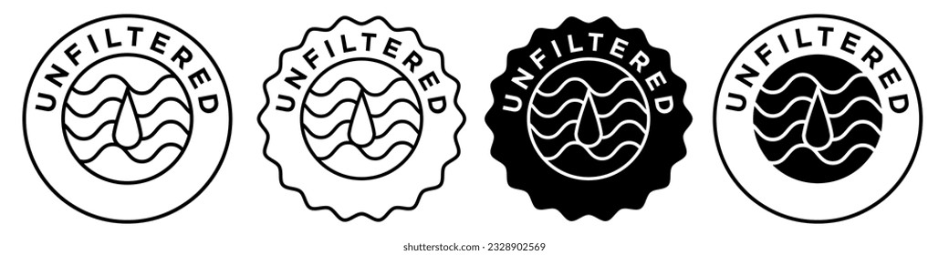 unfiltered icon set collection with badge emblem style stamp vector sticker of no filtered ingredients. Sign symbol of filter free raw natural products.  Web app ui icon of purification of pollute air