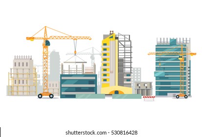 Unfinished buildings set. Industrial cranes. Process of building. Different types of houses. Big cranes holding elements. Modern city architecture. Illustration of construction. Cartoon style. Vector
