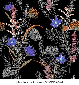 Unfinished dark flower colorful  Seamless Pattern forest and leaves, line hand drawn style  Isolated on black color. Botanical  Floral Decoration Texture For Fabric Print, Wallpaper Background.