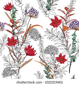 Unfinished flower Seamless Pattern forest and leaves, line hand drawn style  Isolated on white color. Botanical  Floral Decoration Texture.  for Fabric Print, Wallpaper Background.