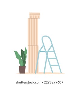 Unfinished Marble Pillar in Studio with Ladder. Stone Column with Rough Surface, and Decorative Carvings, Illustration