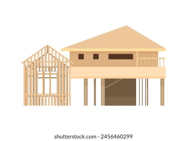 Casa de madera nueva sin terminar con maderas y vigas en la Ilustración vectorial del sitio de construcción