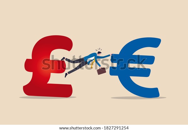 Unfinished, no deal or hard Brexit, negotiation or\
agreement fail by government of UK United Kingdom to leave EU\
European Union concept, businessman try hard to hold on UK Pound\
and Euro money\
sign.