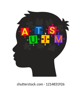 Unfinished puzzles in a child's head. The concept of children suffering from autism or Down Syndrome. flat vector illustration isolated on white background