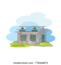 unfinished or roofless house over blue clouds vector cartoon illustration