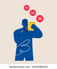 Unfinished task. Man holding to-do list with checkboxes. Colorful vector illustration 
