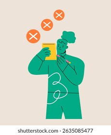 Unfinished task. Woman holding to-do list with checkboxes. Colorful vector illustration 

