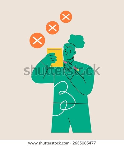 Unfinished task. Woman holding to-do list with checkboxes. Colorful vector illustration 
