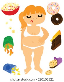 Unfit Girl surrounded by Tempting Snacks