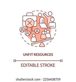 Unfit resources red concept icon. Unqualified candidate. IT staffing service abstract idea thin line illustration. Isolated outline drawing. Editable stroke. Arial, Myriad Pro-Bold fonts used