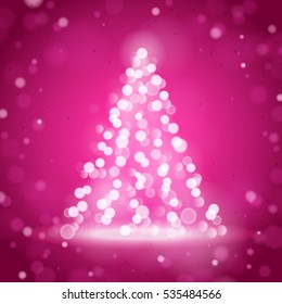 Unfocused Blurred Lights and Christmas Tree on the Pink Square Background 