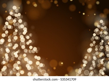 Unfocused Blurred Lights and Two Christmas Trees on the Brown Background with an Empty Space for a Text Message