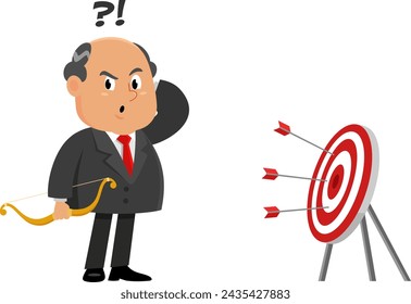 Unfocused Business Boss Man Cartoon Character With Bow Missed Target. Vector Illustration Flat Design Isolated On Transparent Background