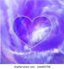Unfocused and fuzzy atmospheric and impressionistic violet valentine's day background with laconic heart, abstract geometric shape and dots pattern