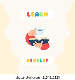 Unfolded book in hand and cup of coffee, reading and development. Education and study, vector illustration in flat style.