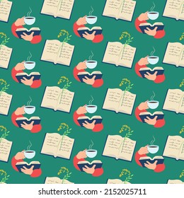 Unfolded book, book in hands and cup of coffee seamless pattern. Vector illustration.
