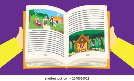 Unfolded book in hands with a fairy tale
