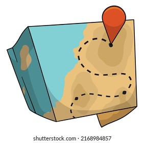 Unfolded map with location and dotted trace. Design in cartoon style and outlines over white background.