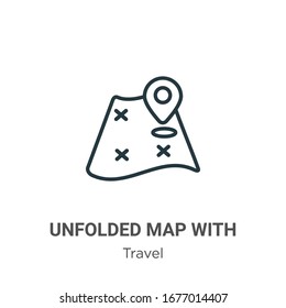 Unfolded map with location mark outline vector icon. Thin line black unfolded map with location mark icon, flat vector simple element illustration from editable travel concept isolated stroke on white