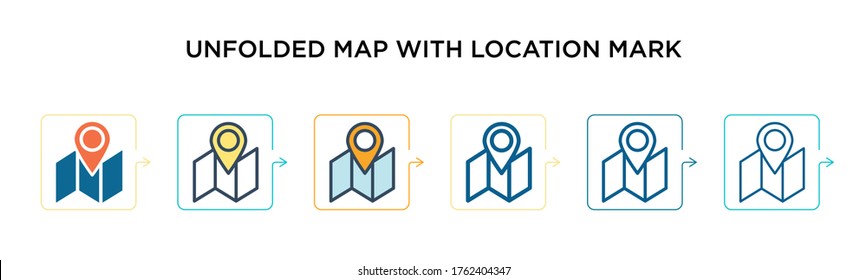 Unfolded map with location mark vector icon in 6 different modern styles. Black, two colored unfolded map with location mark icons designed in filled, outline, line and stroke style. Vector 