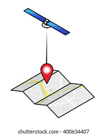 An unfolded paper street map with a single red pin and an overhead GPS satellite.