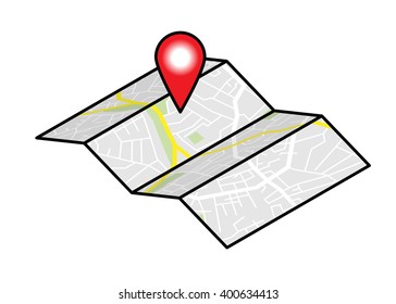 An unfolded paper street map with a single red pin.