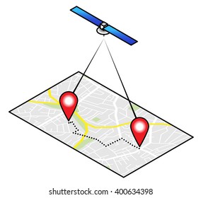 An unfolded paper street map with two red pins, a dotted line route, and an overhead GPS satellite.