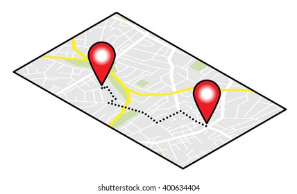 An unfolded paper street map with two red pins and a dotted line route.