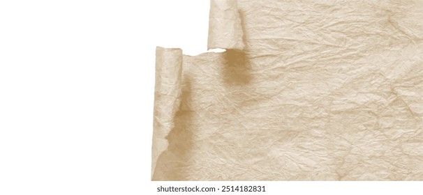 Rollo desplegado de papel arrugado desgarrado viejo aislado en un fondo transparente