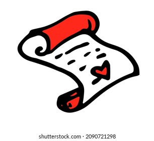 an unfolded scroll with a red heart. hand-drawn manuscript in the style of doodles, black isolated outline for valentine's day design template