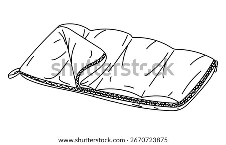 Unfolded sleeping bag, doodle. Single sleeping bag with a lock, half open. For in a tent. Graphics, engraving, shading. Black ink drawings, marker. Postcard, packaging design. Picnics, hiking, camping