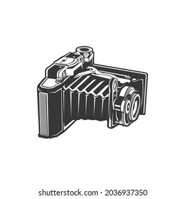 Unfolded Vintage Camera, Old Photocamera, Photography Shooting Equipment Isolated Monochrome Icon. Vector Folding Cam In Retro Style, Manual Camera. Photography Making Device Photo-camera