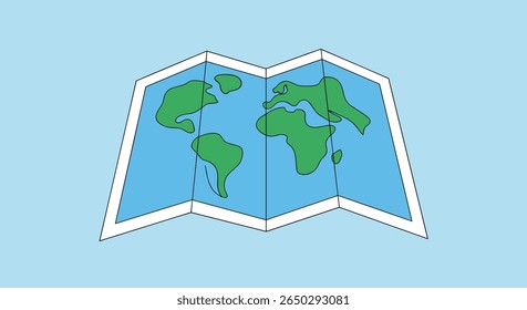 Unfolded World Map With Green Landmasses Depicted On a Blue Background Illustration