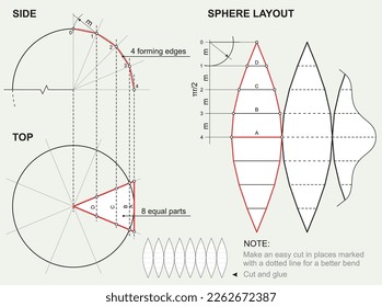 Unfolding 3D ball figure. Descriptive geometry, plan scheme for sphere layout. Technical drawing on orthogonal projections. Unwrapping globe shape. Engineering graphics educational poster. Vector