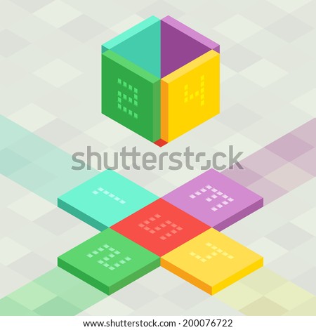 Unfolding orthographic cube shape as a set of infographic vector elements