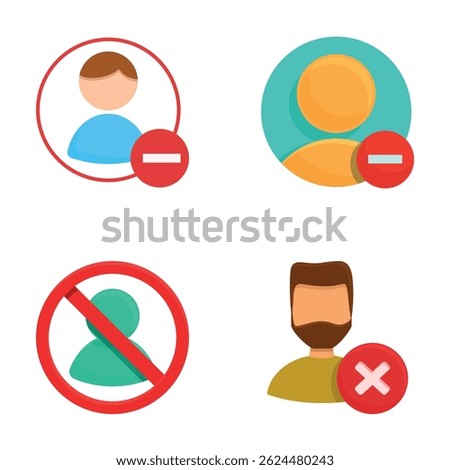 Unfollow user icons set cartoon vector. Account cannot be accessed or used. Social community