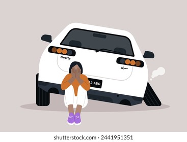 Unforeseen Detour, a Driver Confronts Accidental Misfortune on Suburban Street, Distressed individual sits by a vehicle with a detached wheel, expressing dismay over the sudden mishap