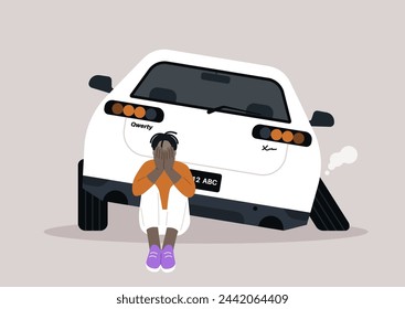 Unforeseen Detour, a Driver Confronts Accidental Misfortune on Suburban Street, Distressed individual sits by a vehicle with a detached wheel, expressing dismay over the sudden mishap