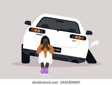 Unforeseen Detour, a Driver Confronts Accidental Misfortune on Suburban Street, Distressed individual sits by a vehicle with a detached wheel, expressing dismay over the sudden mishap