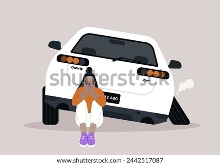Unforeseen Detour, a Driver Confronts Accidental Misfortune on Suburban Street, Distressed individual sits by a vehicle with a detached wheel, expressing dismay over the sudden mishap