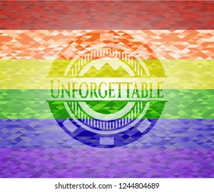 Unforgettable emblem on mosaic background with the colors of the LGBT flag